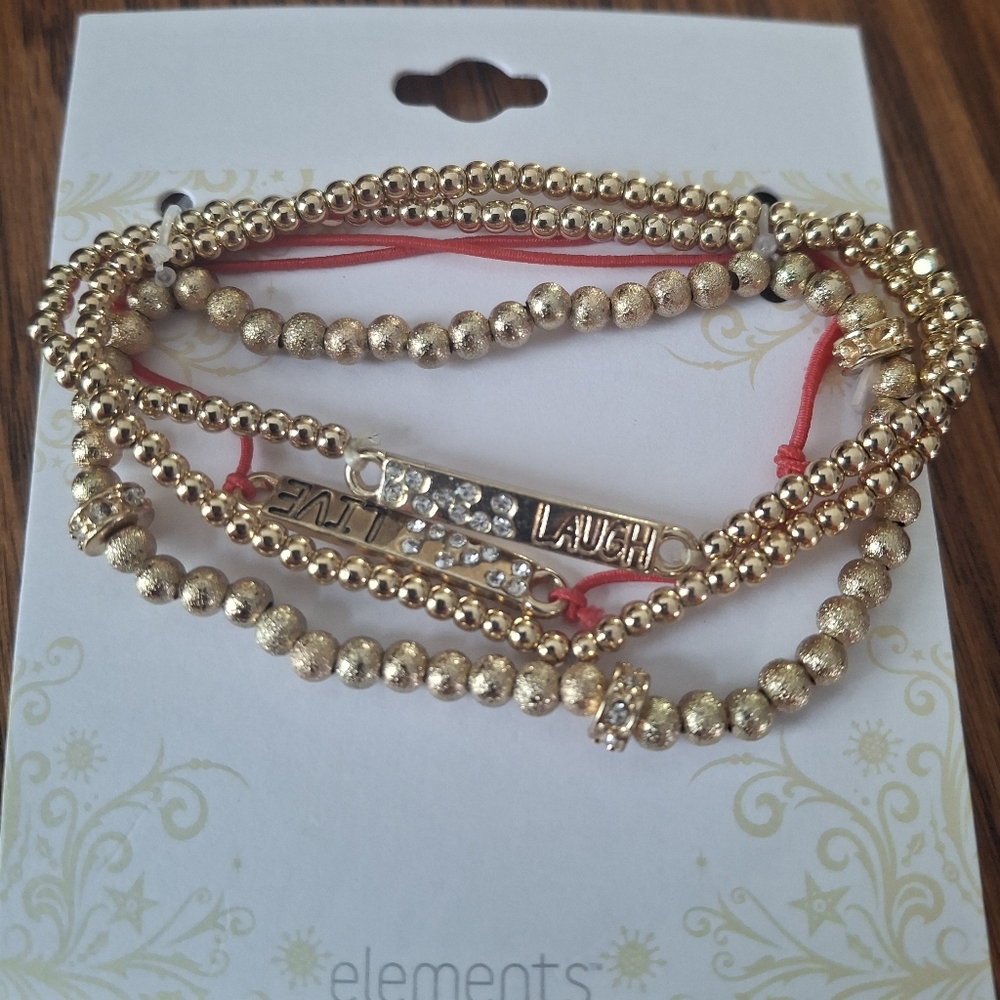 NEW / NWT Elements Goldtone and Red Beaded Stackable Bracelets LIVE & LAUGH